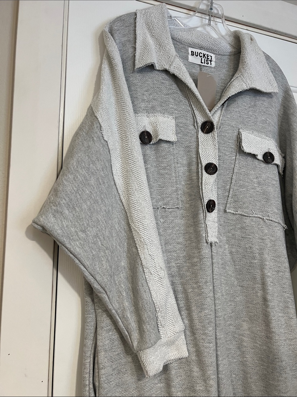 Bucket List Oversized Two-Tone Gray Wide Leg Jumpsuit Raw Edges Texture Button M - Picture 11 of 16